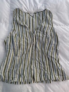 aerie Striped Sleeveless Button-Front Camisole in Olive, Blue & Cream
